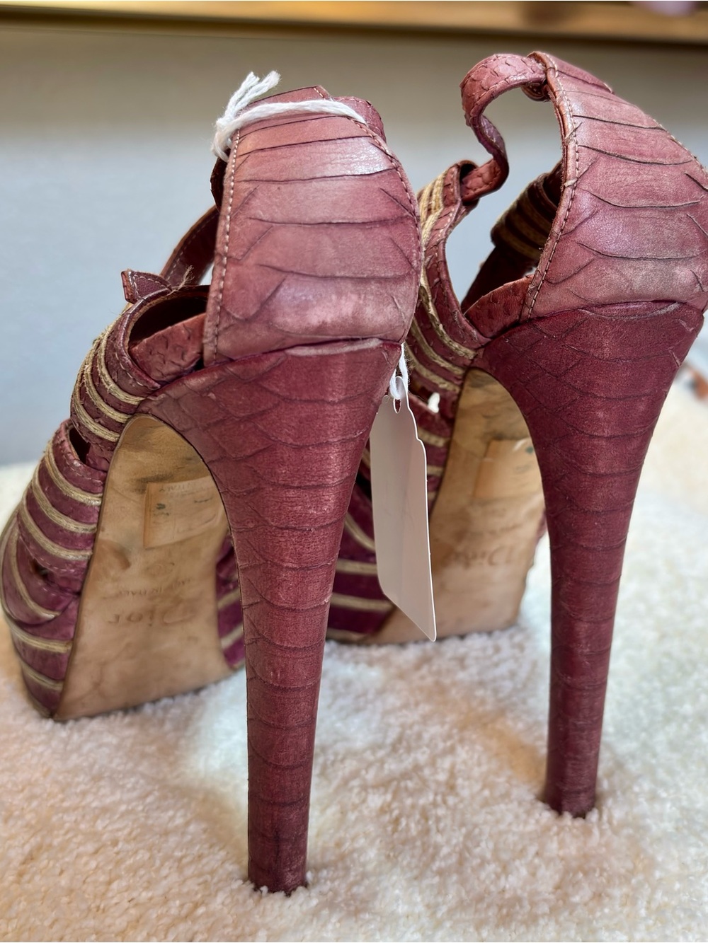 Dior Burgundy with Gold Trim Platform Strappy Heels - Picture 3 of 8